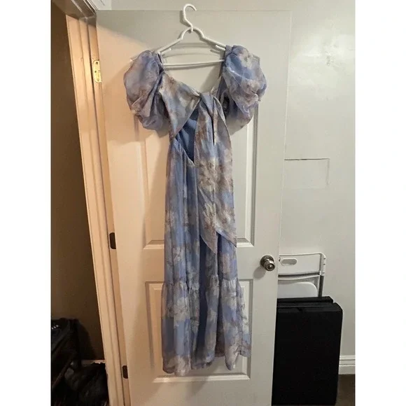 Abercrombie & Fitch Emerson Organza Puff Sleeve Maxi Dress Tie Back MP - Picture 6 of 11